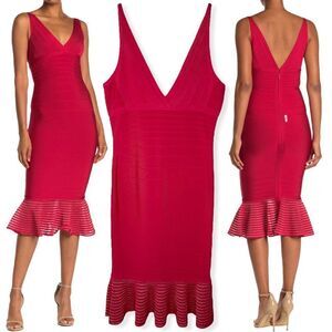 HERVE LEGER V-Neck Bandage Peplum Midi Dress in Lipstick Red 